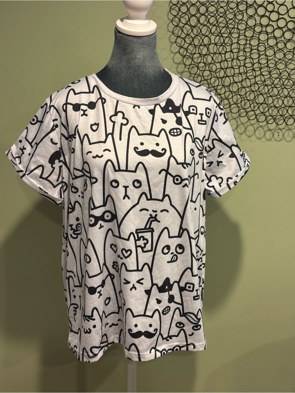 Pixie Lady All Over Doodle Cat Print T-Shirt Oversized Kawaii Tee White Black L
